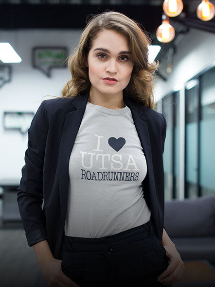 A girl is wearing I Love UTSA University t-shirt of i love design