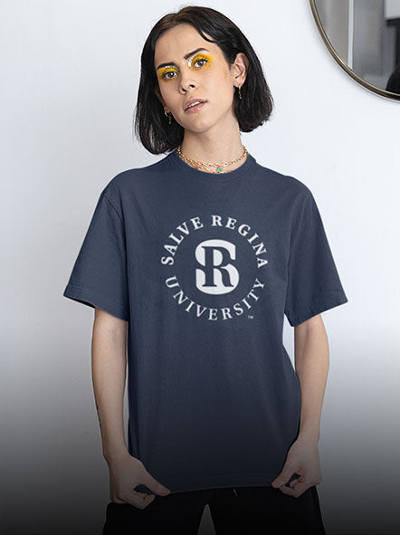 A girl is wearing a Salve Regina University t-shirt of institutional design