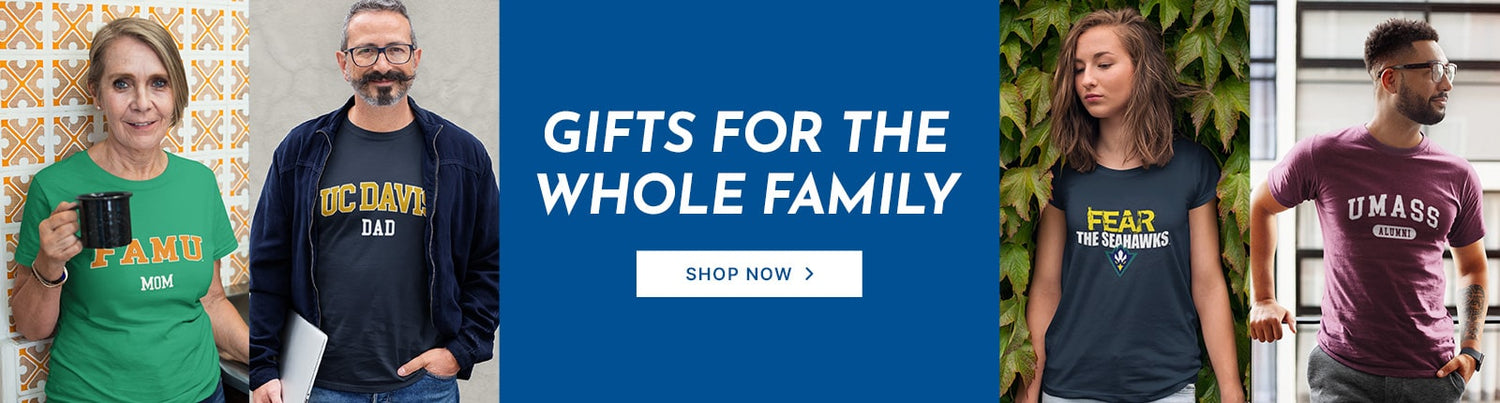 A group of people wearing an assortment of apparel with the phrase Gifts for the Whole Family