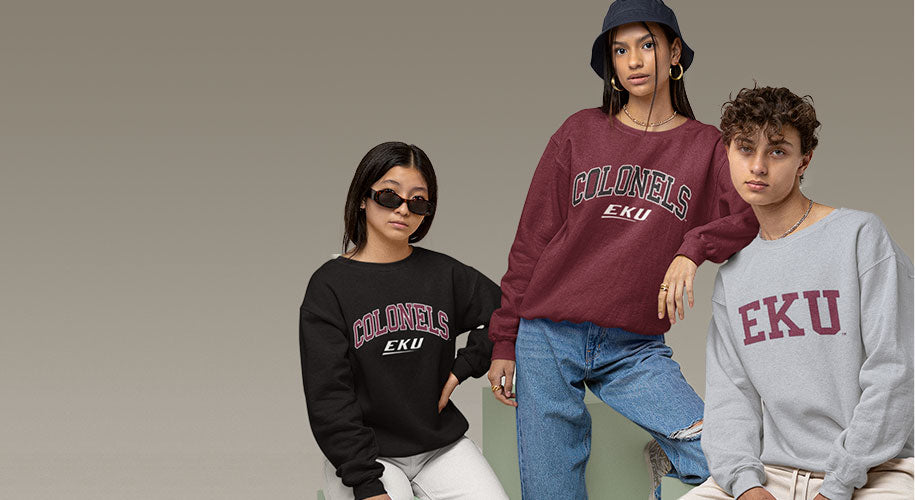 Three models wearing Eastern Kentucky University sweatshirt