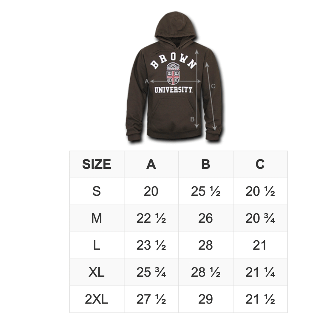 Hooded Sweatshirts Size Chart