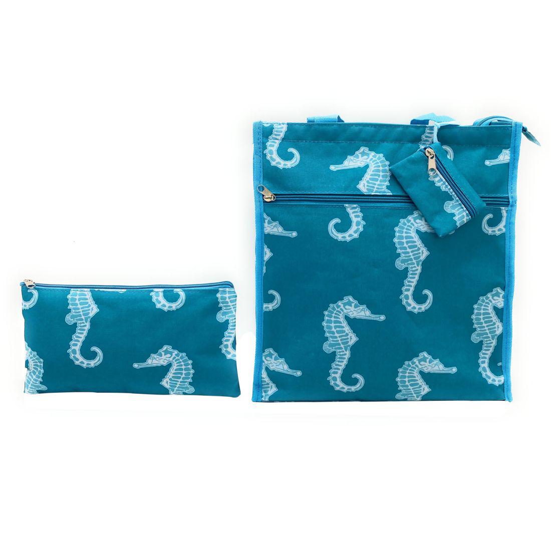 Empire Cove Womens 2 Piece Gift Set Seahorse Tote Bag Cosmetic Bag Makeup Pouch
