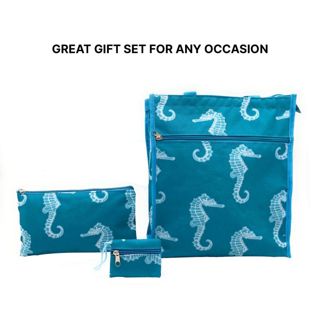 Empire Cove Womens 2 Piece Gift Set Seahorse Tote Bag Cosmetic Bag Makeup Pouch-Casaba Shop
