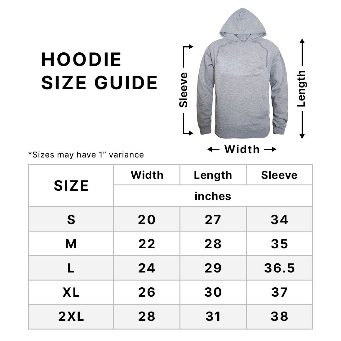 Hooded Sweatshirts Size Chart