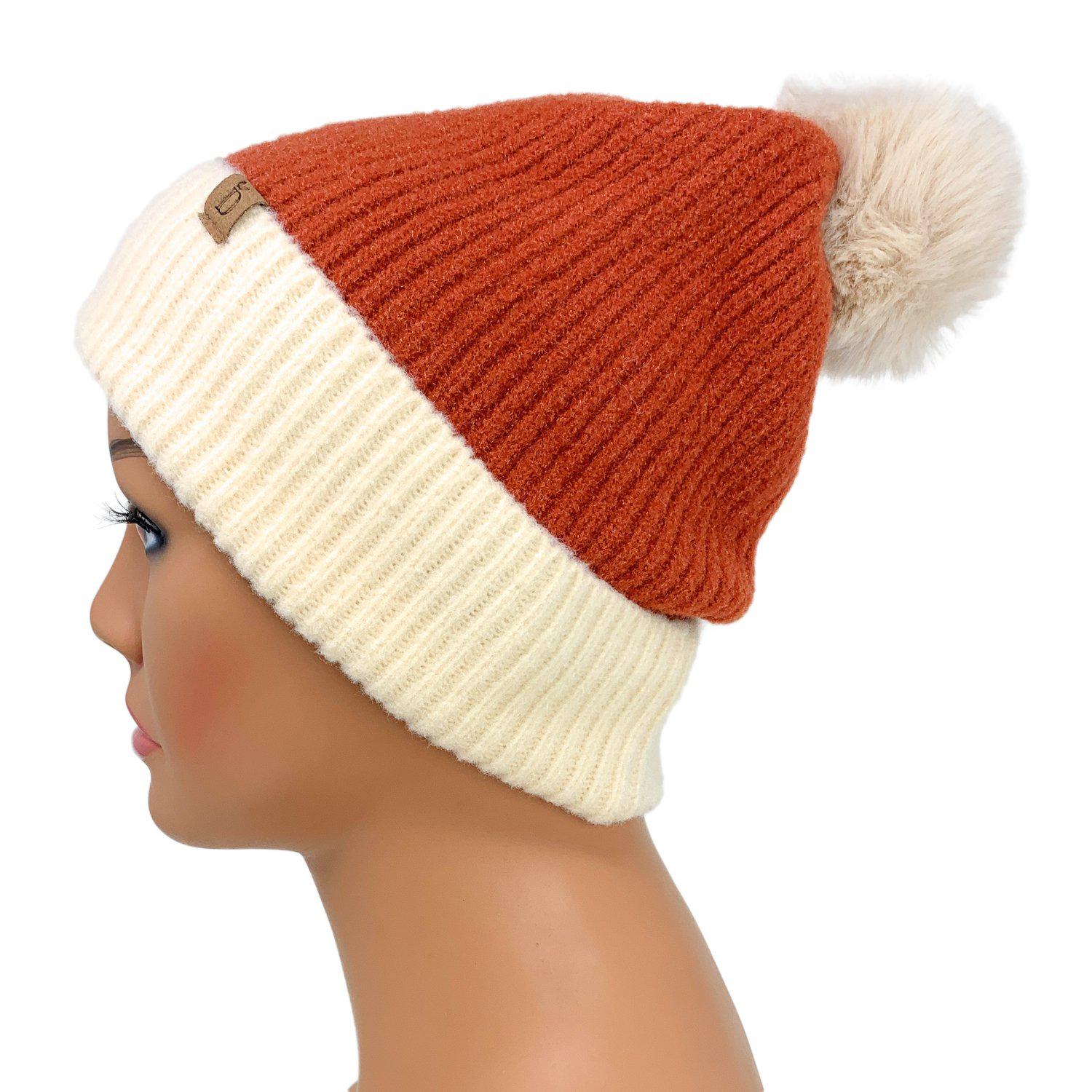 Empire Cove Winter Ribbed Knit Beanie with Faux Fur Pom Pom Hats Gifts for Her-Beanies-Empire Cove-Rust-Casaba Shop