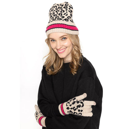 Empire Cove Winter Set Knit Leopard Striped Beanie and Touch Screen Gloves Gift Set-Hat/gloves-Empire Cove-Beige-Casaba Shop