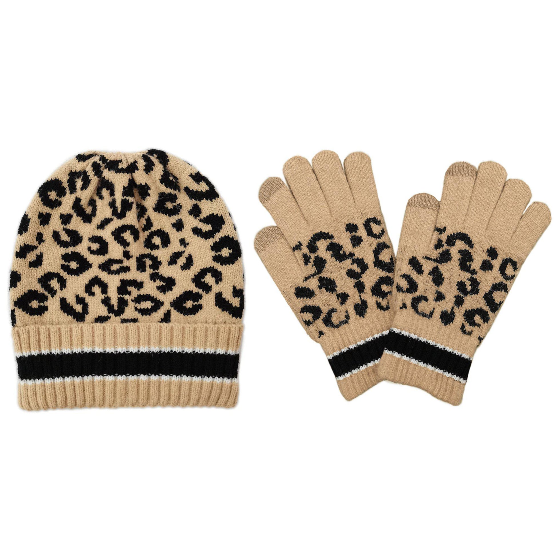 Empire Cove Winter Set Knit Leopard Striped Beanie and Touch Screen Gloves Gift Set-Hat/gloves-Empire Cove-Beige-Casaba Shop