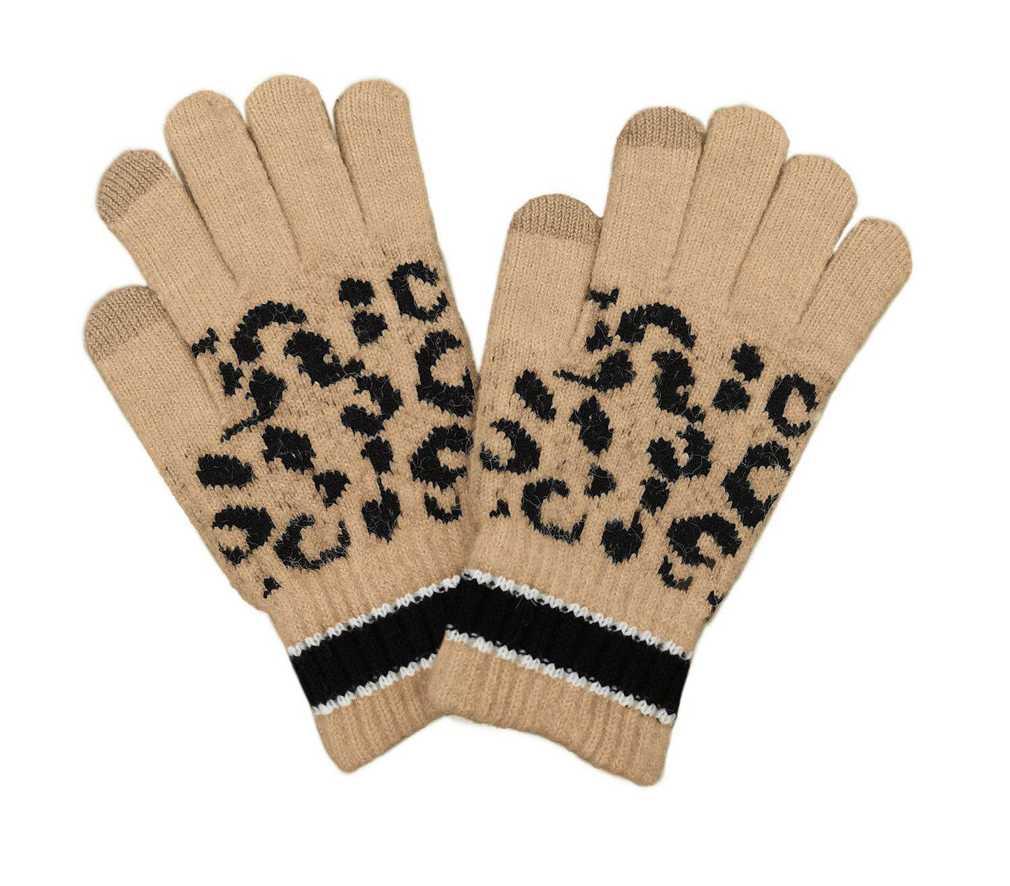 Empire Cove Winter Set Knit Leopard Striped Beanie and Touch Screen Gloves Gift Set-Hat/gloves-Empire Cove-Beige-Casaba Shop