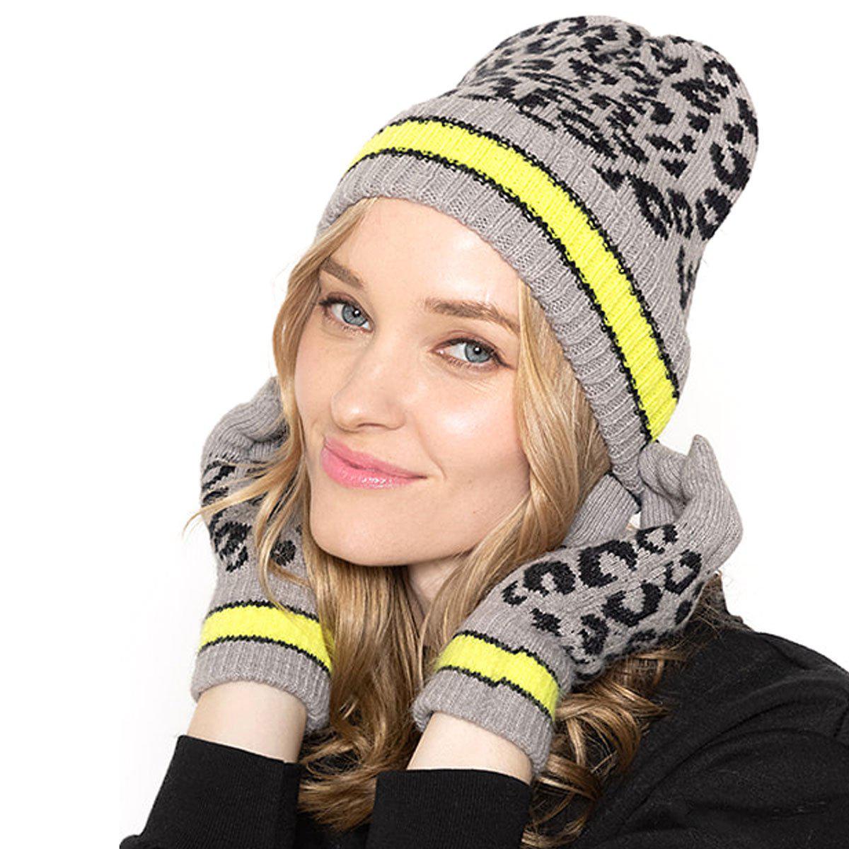 Empire Cove Winter Set Knit Leopard Striped Beanie and Touch Screen Gloves Gift Set-Hat/gloves-Empire Cove-Beige-Casaba Shop