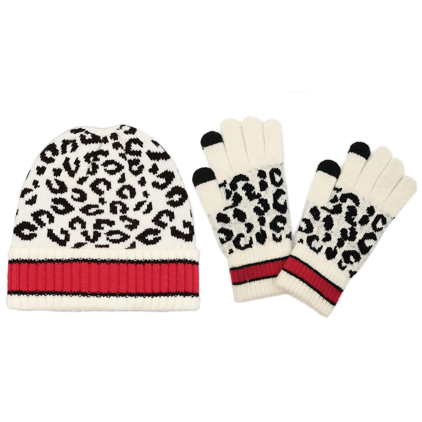 Empire Cove Winter Set Knit Leopard Striped Beanie and Touch Screen Gloves Gift Set-Hat/gloves-Empire Cove-Beige-Casaba Shop