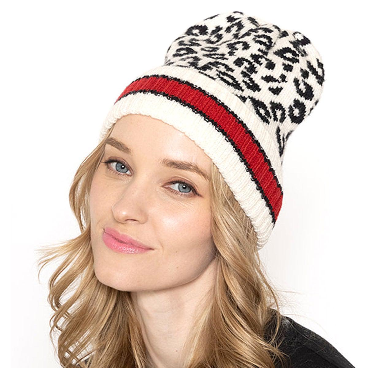 Empire Cove Winter Knit Leopard Striped Beanie-UNCATEGORIZED-Empire Cove-Ivory-Casaba Shop