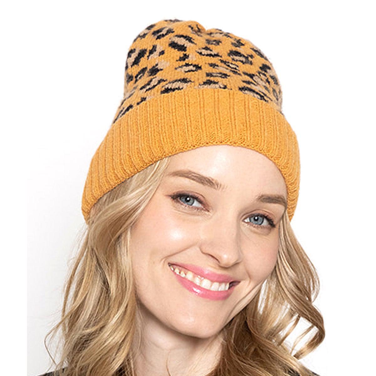 Empire Cove Winter Knit Ribbed Leopard Cuff Beanie-UNCATEGORIZED-Empire Cove-Mustard-Casaba Shop