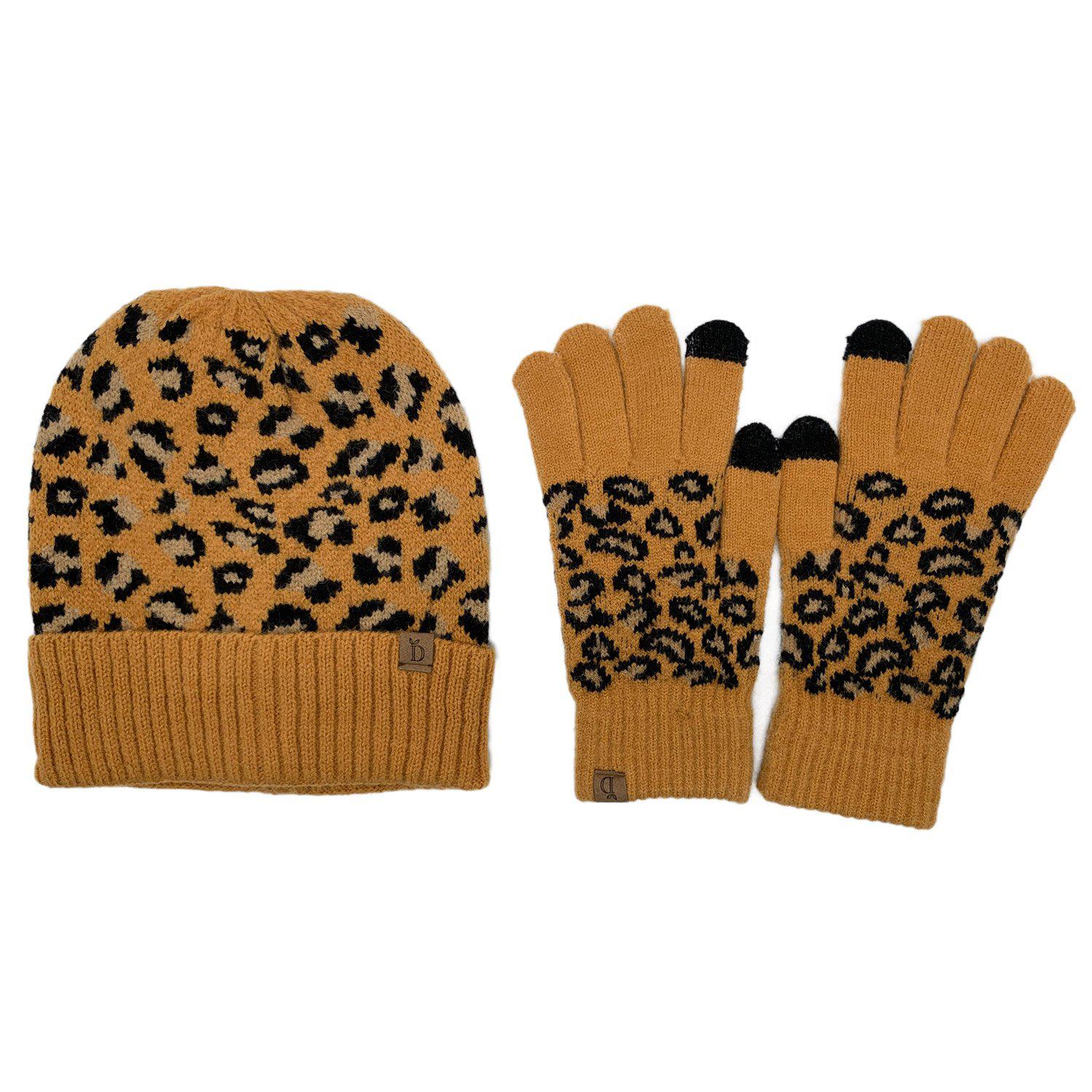 Empire Cove Winter Set Knit Ribbed Leopard Cuff Beanie and Touch Screen Gloves Gift Set-Hat/gloves-Empire Cove-Brown-Casaba Shop