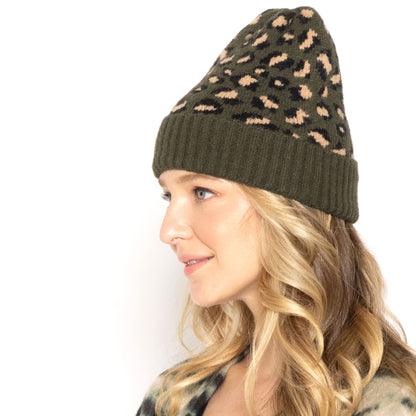 Empire Cove Winter Knit Ribbed Leopard Cuff Beanie-UNCATEGORIZED-Empire Cove-Olive-Casaba Shop