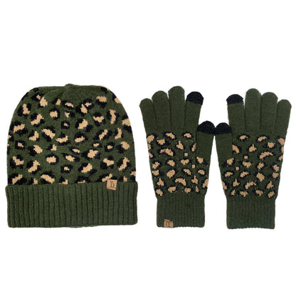 Empire Cove Winter Set Knit Ribbed Leopard Cuff Beanie and Touch Screen Gloves Gift Set-Hat/gloves-Empire Cove-Black-Casaba Shop
