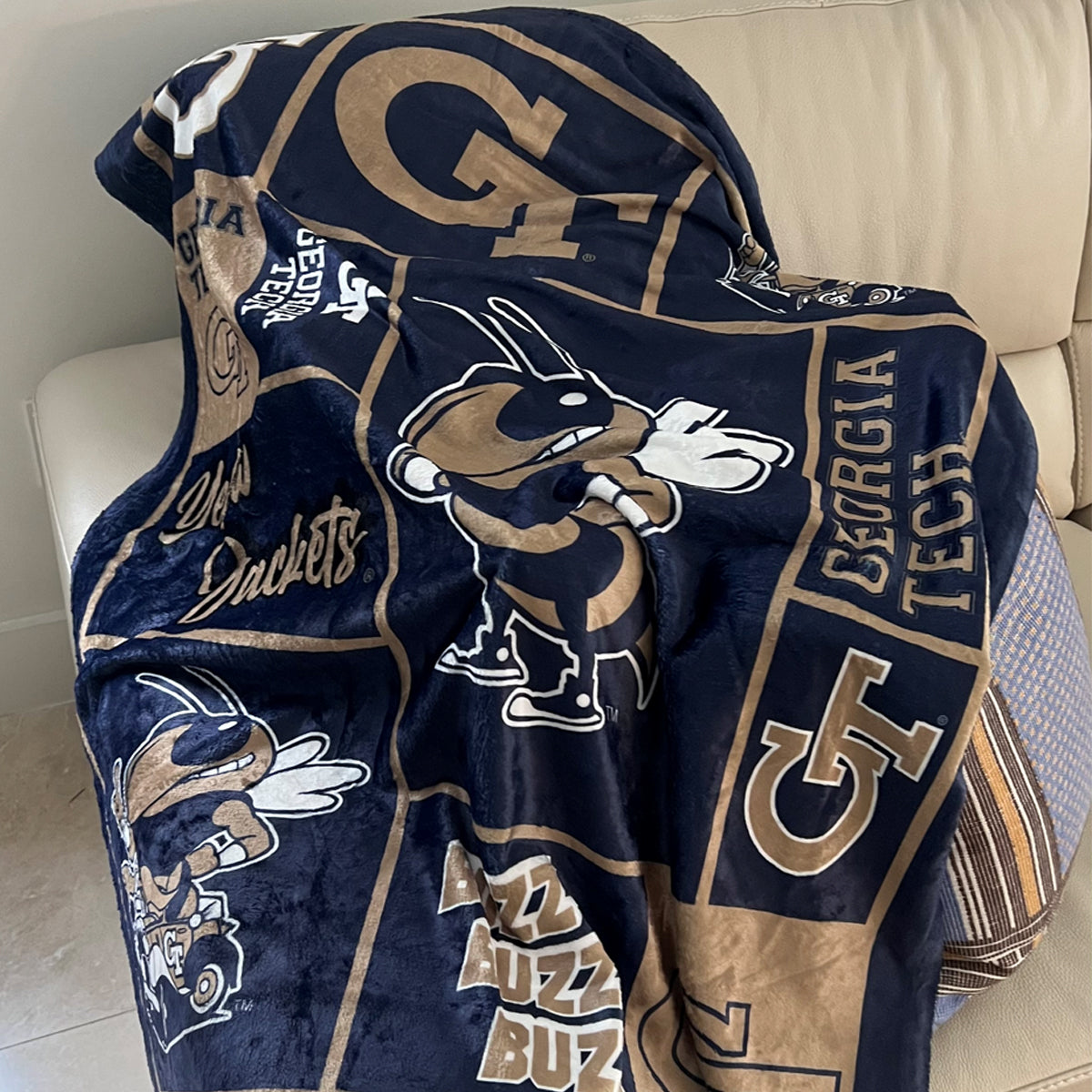 Georgia Tech Yellow Jackets Infant Game Day Block Blue Minky Blanket 36 x 48 Mascot and Name