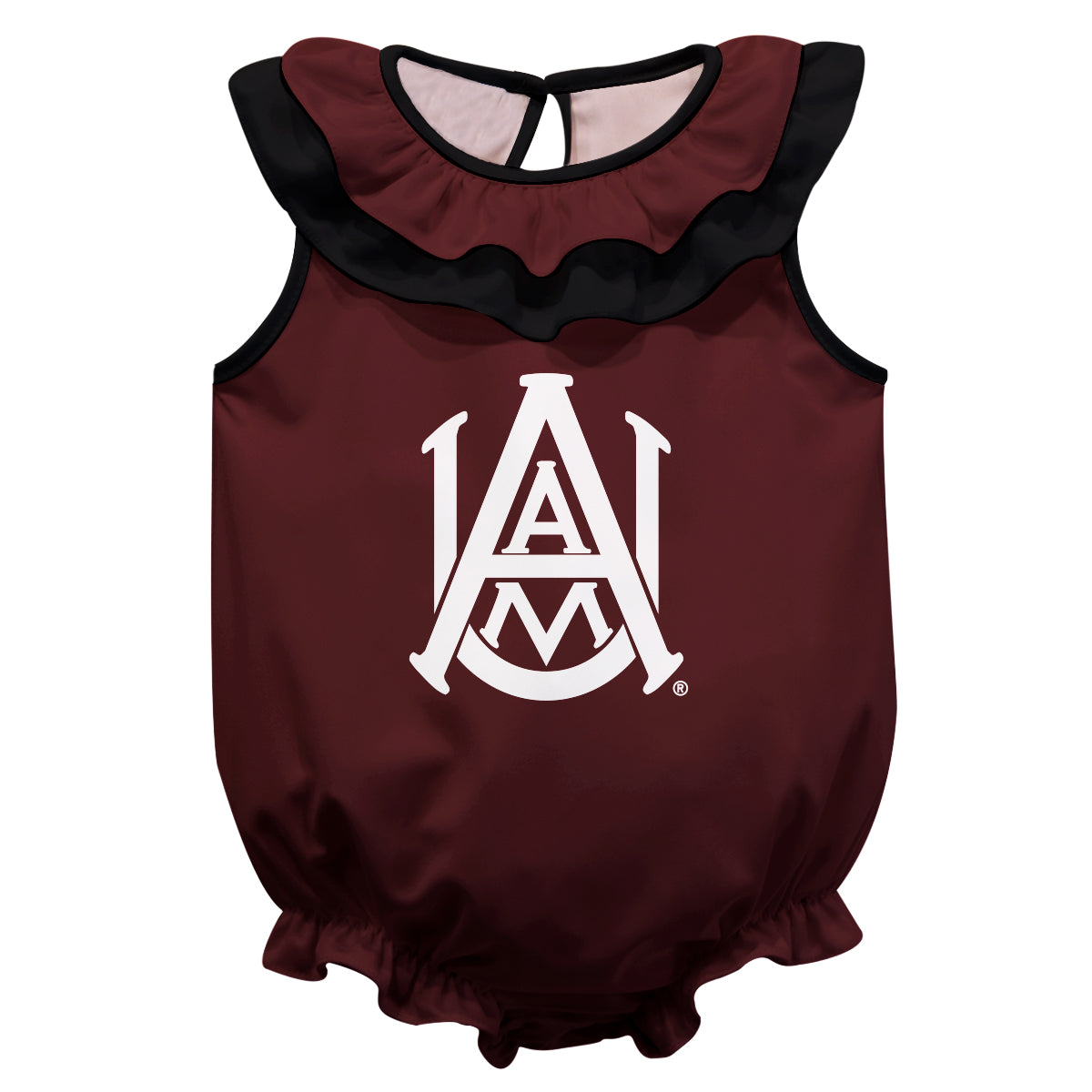 Alabama A&M Bulldogs Maroon Sleeveless Ruffle One Piece Jumpsuit Logo Bodysuit by Vive La Fete