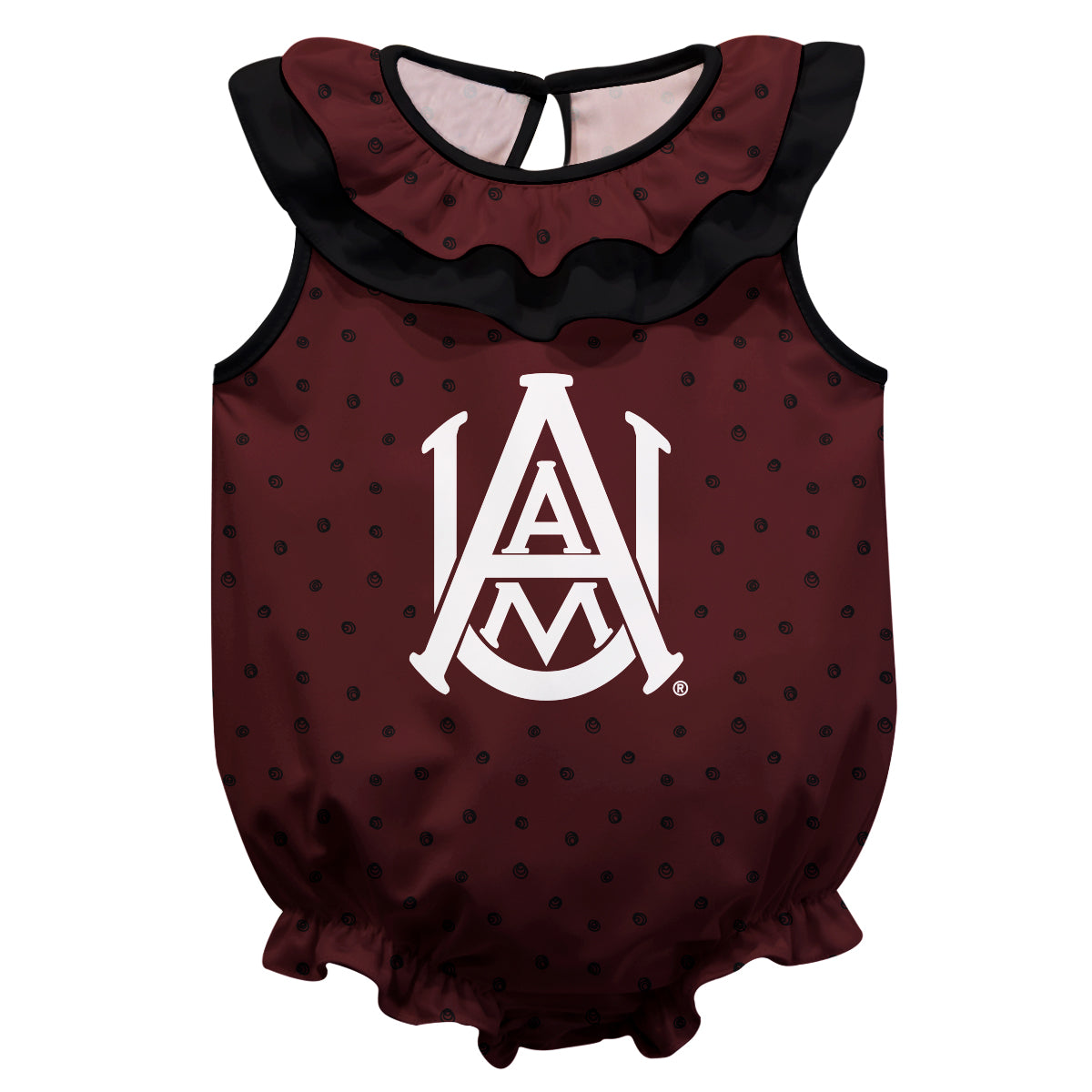 Alabama A&M Bulldogs Swirls Maroon Sleeveless Ruffle One Piece Jumpsuit Logo Bodysuit by Vive La Fete