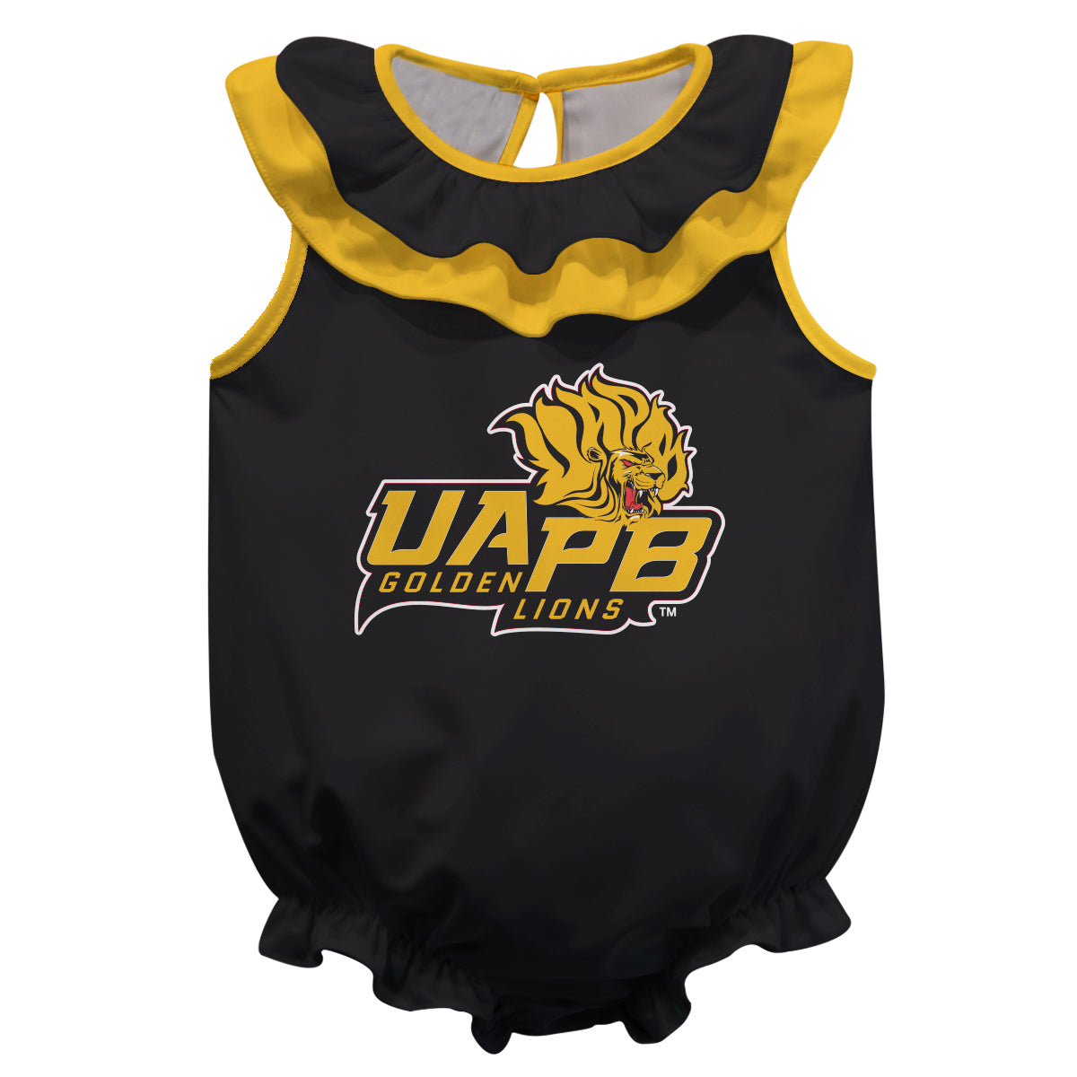 UAPB Golden Lions Black Sleeveless Ruffle One Piece Jumpsuit Mascot Bodysuit by Vive La Fete