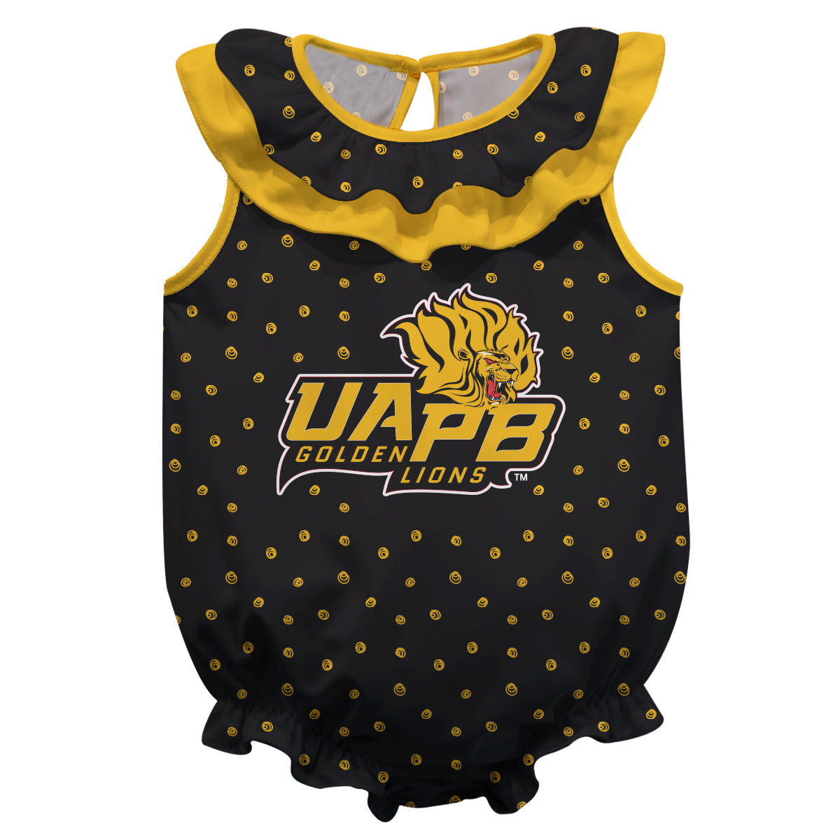 UAPB Golden Lions Swirls Black Sleeveless Ruffle One Piece Jumpsuit Logo Bodysuit by Vive La Fete