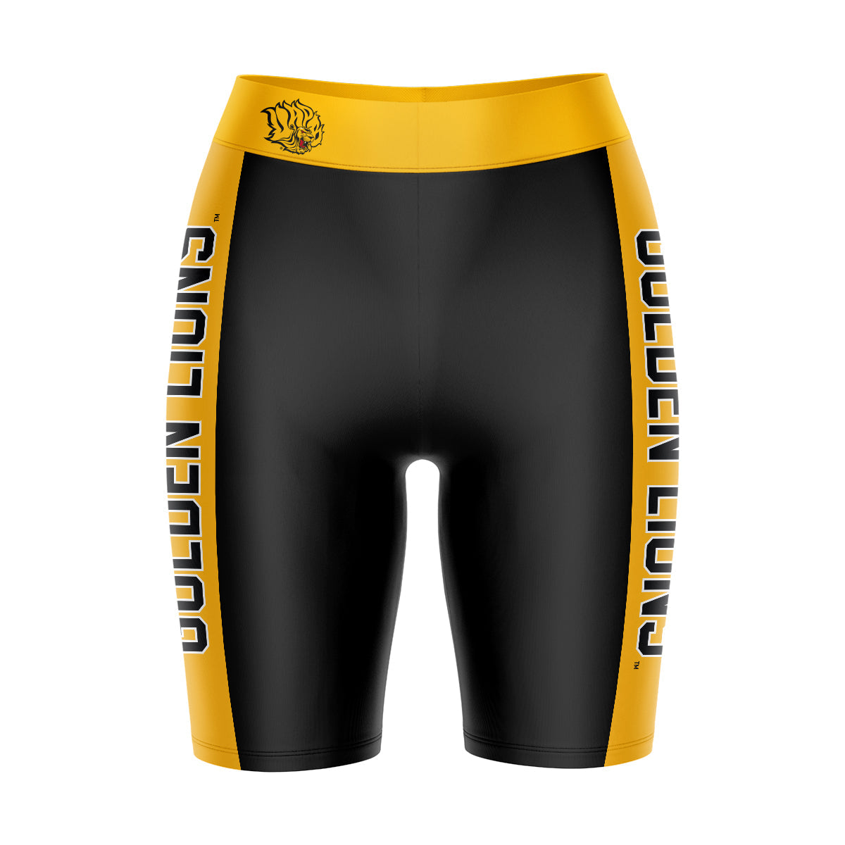 UAPB  Goden Lions Vive La Fete Game Day Logo on Waistband and Gold Stripes Black Women Bike Short 9 Inseam