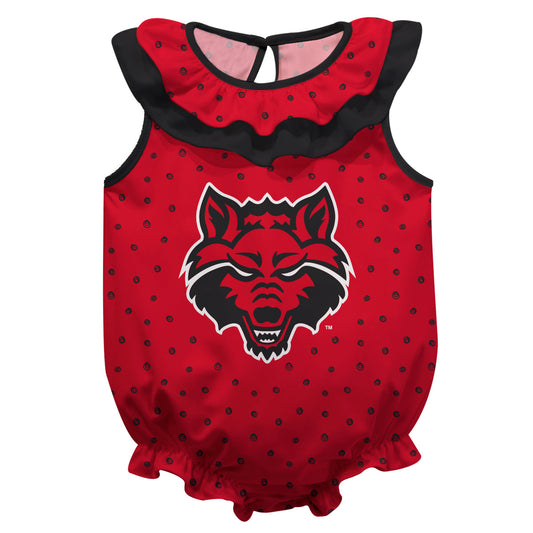 Arkansas State Red Wolves Swirls Red Sleeveless Ruffle One Piece Jumpsuit Logo Bodysuit by Vive La Fete
