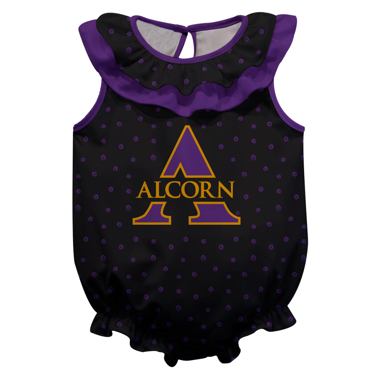 Alcorn State Braves Swirls Black Sleeveless Ruffle One Piece Jumpsuit Logo Bodysuit by Vive La Fete