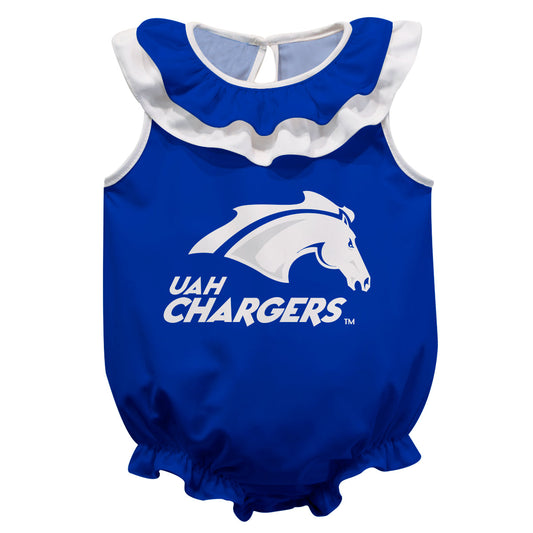 Alabama at Huntsville Chargers Blue Sleeveless Ruffle One Piece Jumpsuit Logo Bodysuit by Vive La Fete