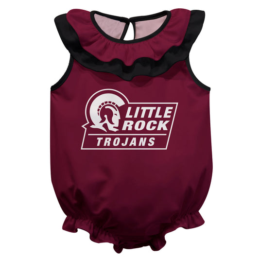 UA Little Rock Trojans UALR Maroon Sleeveless Ruffle One Piece Jumpsuit Logo Bodysuit by Vive La Fete