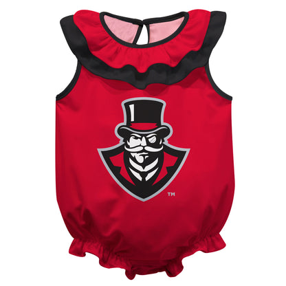Austin Peay State University Governors Red Sleeveless Ruffle One Piece Jumpsuit Logo Bodysuit by Vive La Fete