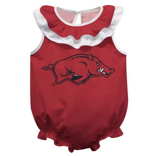 Arkansas Razorbacks Red Sleeveless Ruffle One Piece Jumpsuit Logo Bodysuit by Vive La Fete