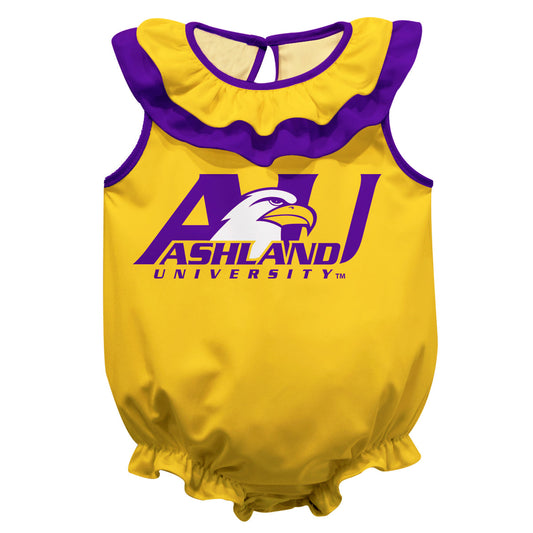 Ashland University AU Eagles Gold Sleeveless Ruffle One Piece Jumpsuit Logo Bodysuit by Vive La Fete