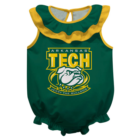 Arkansas Tech Jerry the Bulldog ATU Green Sleeveless Ruffle One Piece Jumpsuit Logo Bodysuit by Vive La Fete