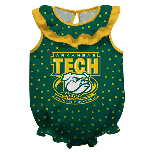Arkansas Tech Jerry the Bulldog ATU Swirls Green Sleeveless Ruffle One Piece Jumpsuit Logo Bodysuit by Vive La Fete