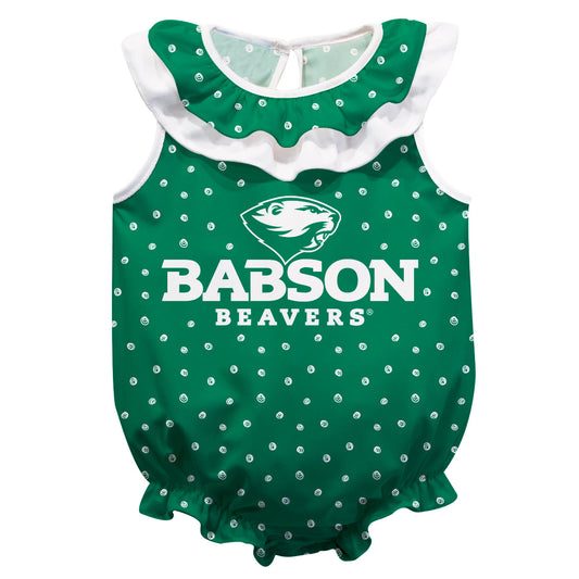 Babson College Beavers Swirls Green Sleeveless Ruffle One Piece Jumpsuit Logo Bodysuit by Vive La Fete