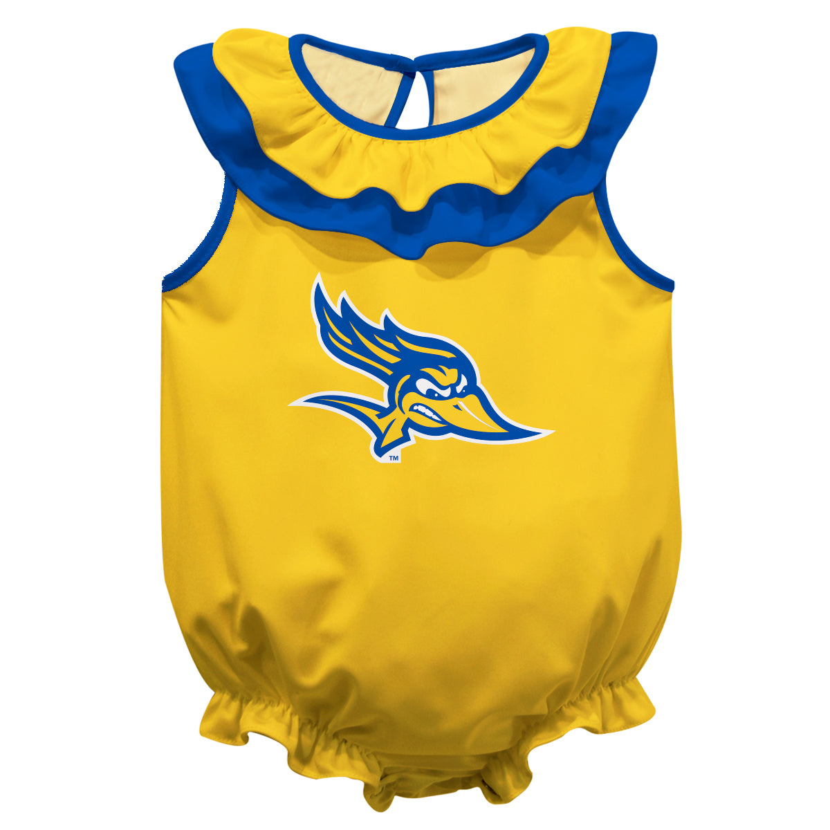 Cal State University Bakersfield Roadrunners CSUB Gold Sleeveless Ruffle One Piece Jumpsuit Logo Bodysuit by Vive La Fete