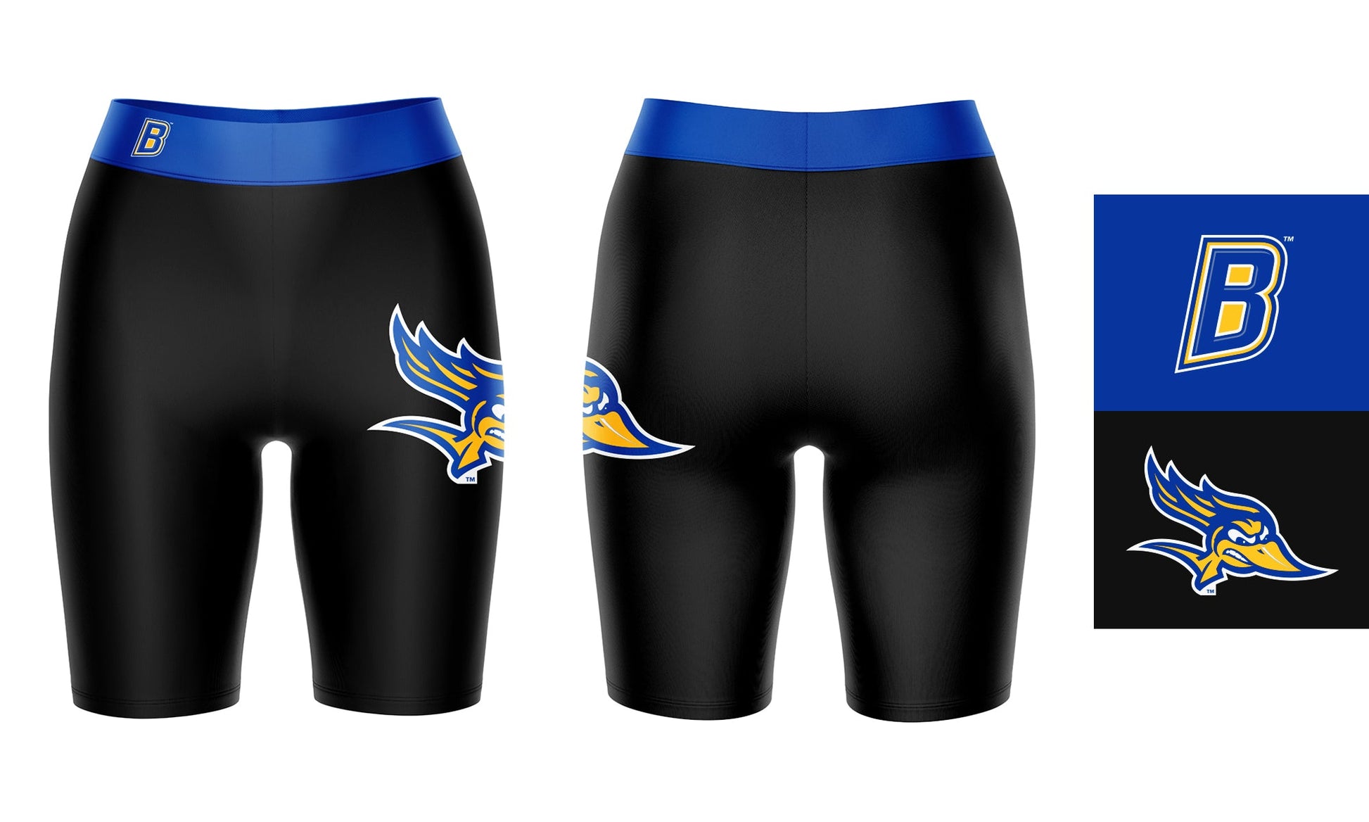 CSU Bakersfield Roadrunners Vive La Fete Game Day Logo on Thigh and Waistband Black and Blue Women Bike Short 9 Inseam