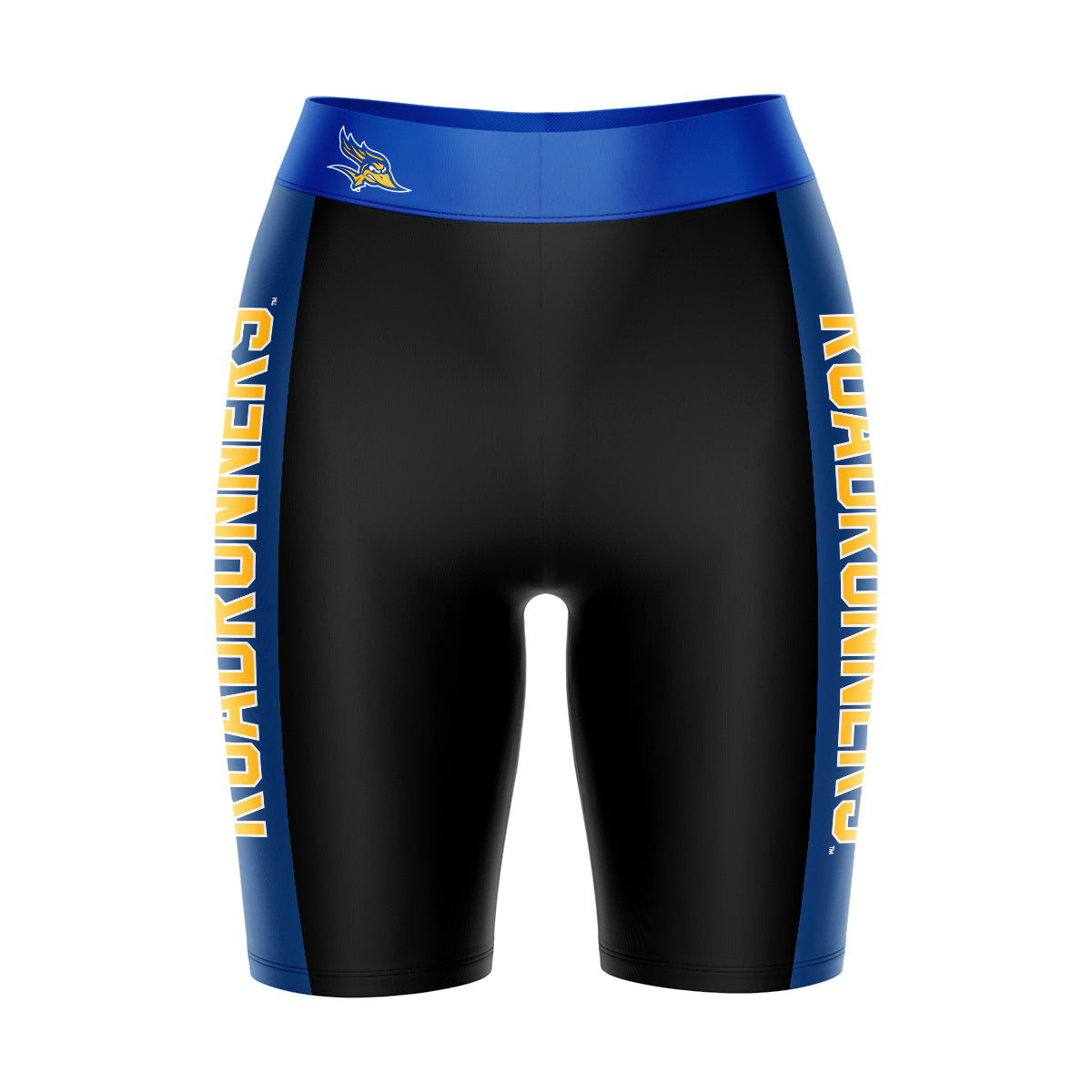 CSU Bakersfield Roadrunners Vive La Fete Game Day Logo on Waistband and Blue Stripes Black Women Bike Short 9 Inseam