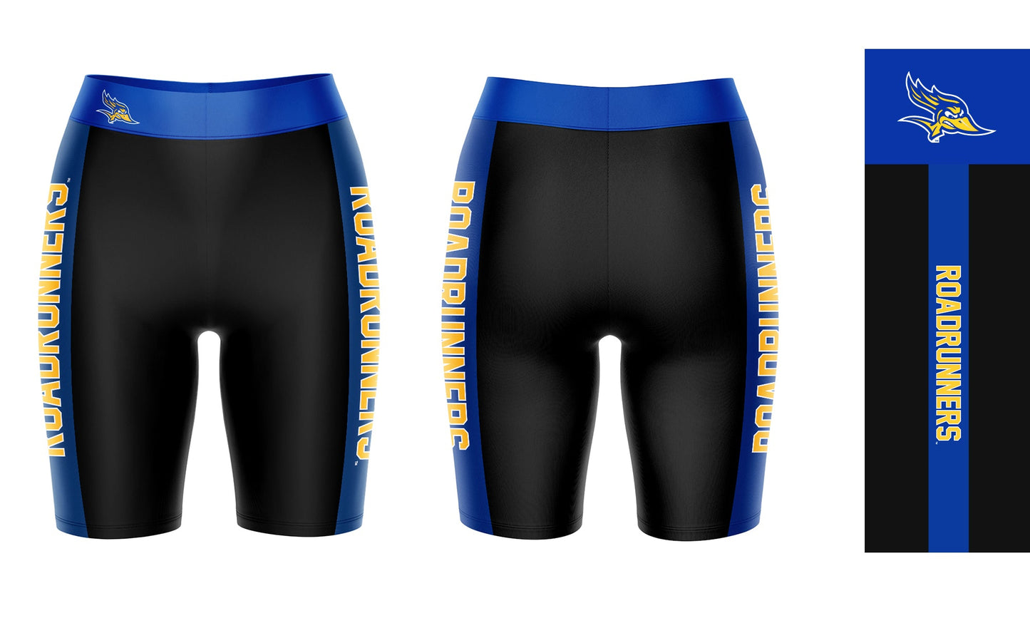 CSU Bakersfield Roadrunners Vive La Fete Game Day Logo on Waistband and Blue Stripes Black Women Bike Short 9 Inseam