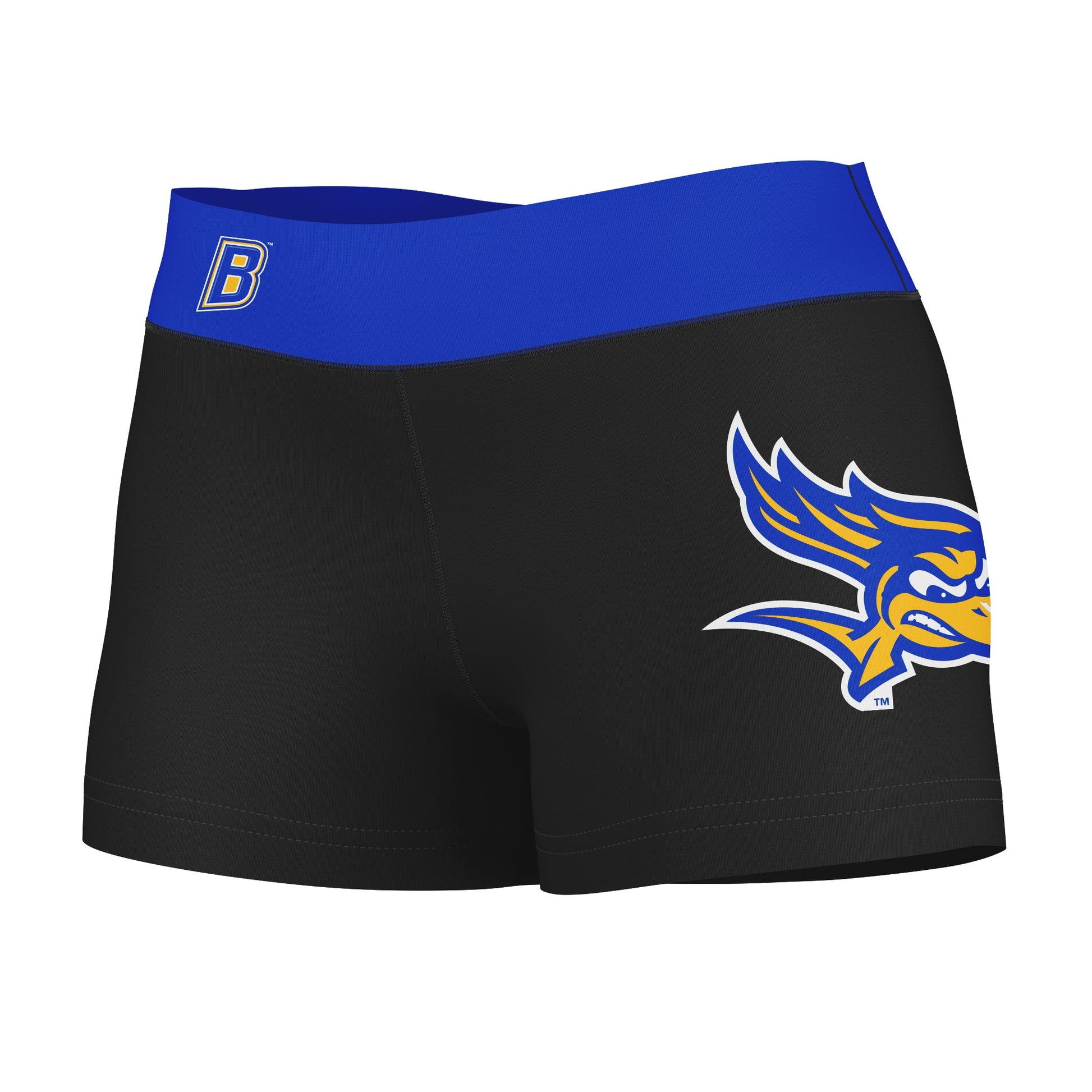 CSU Bakersfield Roadrunners Logo on Thigh & Waistband Black & Blue Women Yoga Booty Workout Shorts 3.75 Inseam