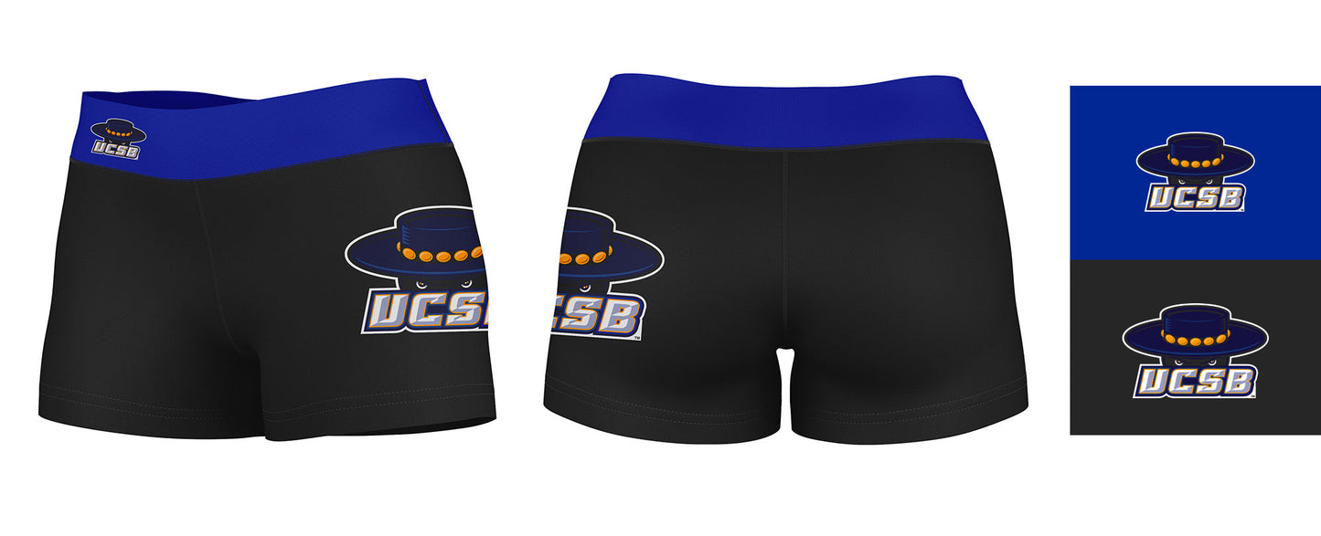 UC Santa Barbara Gauchos UCSB Logo on Thigh and Waistband Black and Blue Women Yoga Booty Workout Shorts 3.75 Inseam" - Vive La F̻te - Online Apparel Store