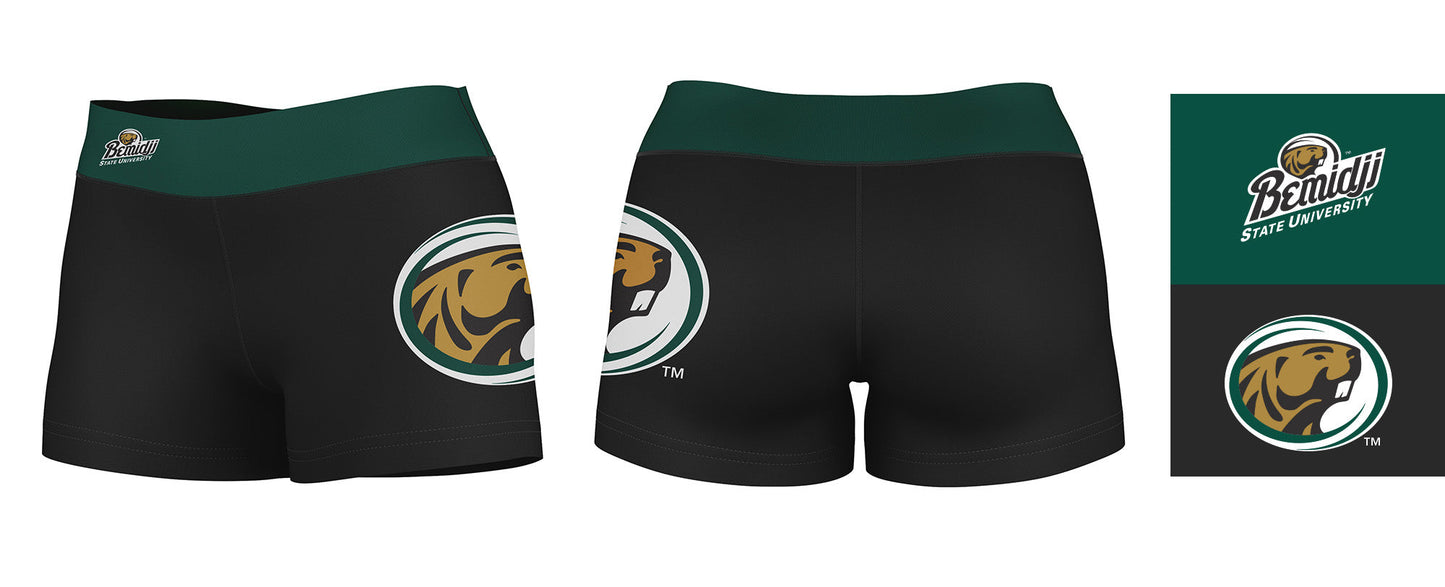 Bemidji State Beavers BSU Vive La Fete Logo on Thigh and Waistband Black & Green Women Booty Workout Shorts 3.75 Inseam" - Vive La F̻te - Online Apparel Store