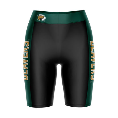 Bemidji State Beavers BSU Vive La Fete Game Day Logo on Waistband and Green Stripes Black Women Bike Short 9 Inseam"