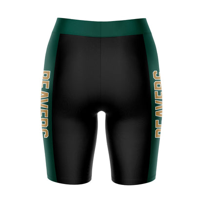 Bemidji State Beavers BSU Vive La Fete Game Day Logo on Waistband and Green Stripes Black Women Bike Short 9 Inseam"