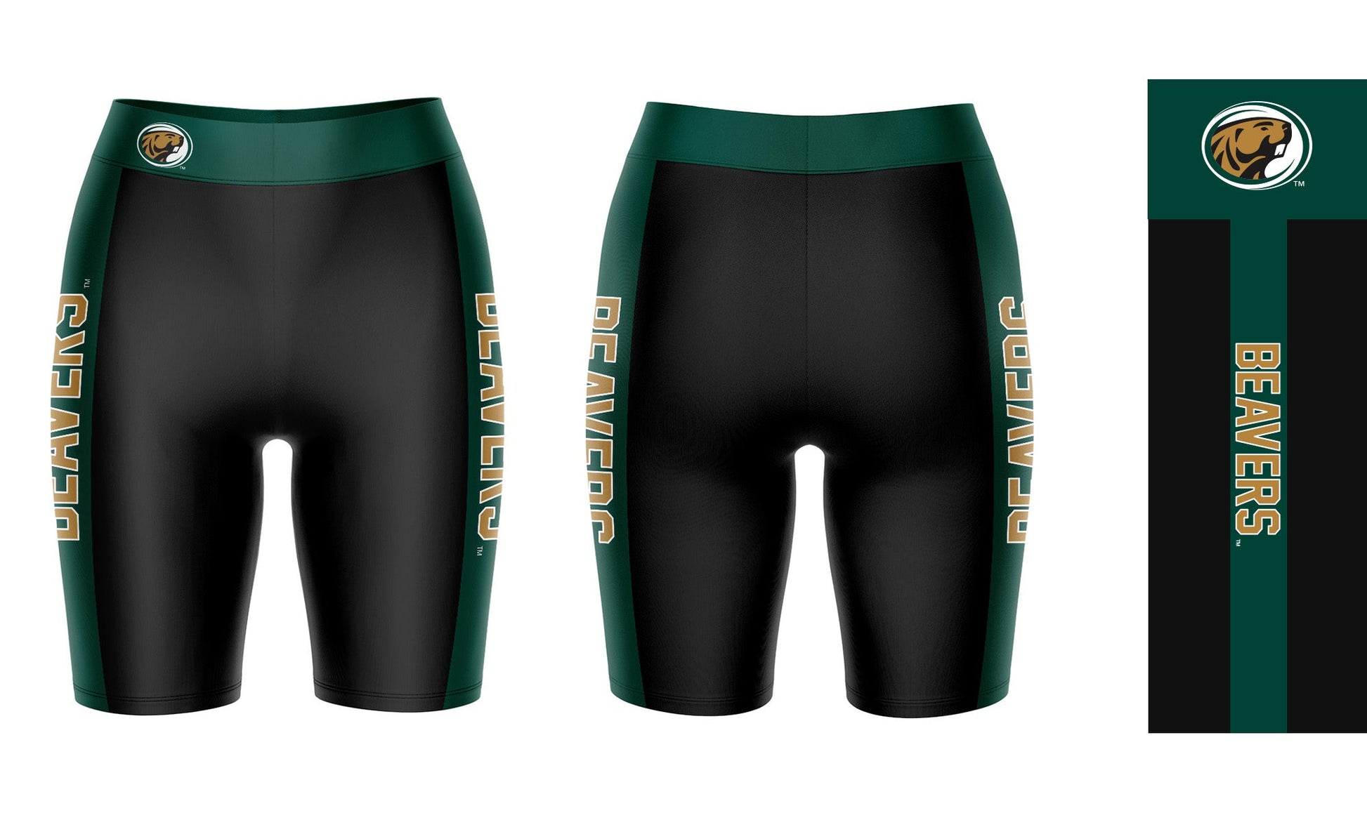 Bemidji State Beavers BSU Vive La Fete Game Day Logo on Waistband and Green Stripes Black Women Bike Short 9 Inseam"