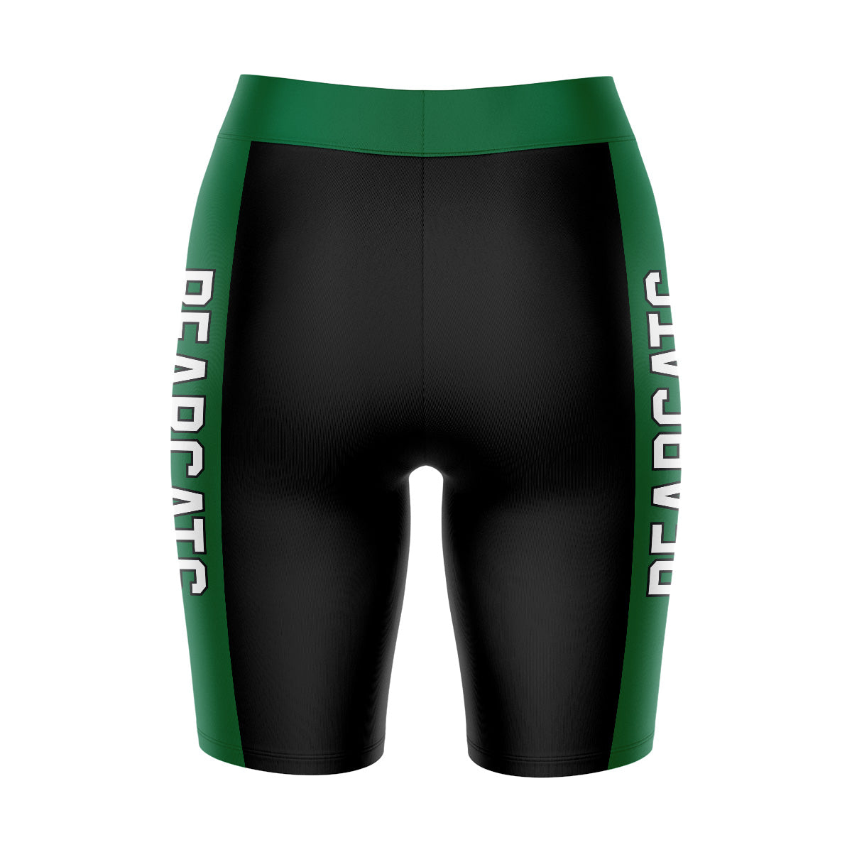 Binghamton University Bearcats Vive La Fete Game Day Logo on Waistband and Green Stripes Black Women Bike Short 9 Inseam