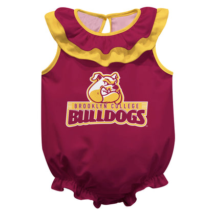 Brooklyn College Bulldogs Maroon Sleeveless Ruffle One Piece Jumpsuit Logo Bodysuit by Vive La Fete