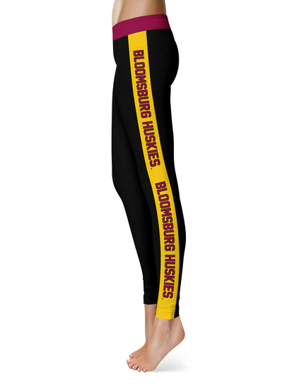 Bloomsburg University Huskies Vive La Fete Game Day Collegiate Gold Stripes Women Black Yoga Leggings 2 Waist Tights