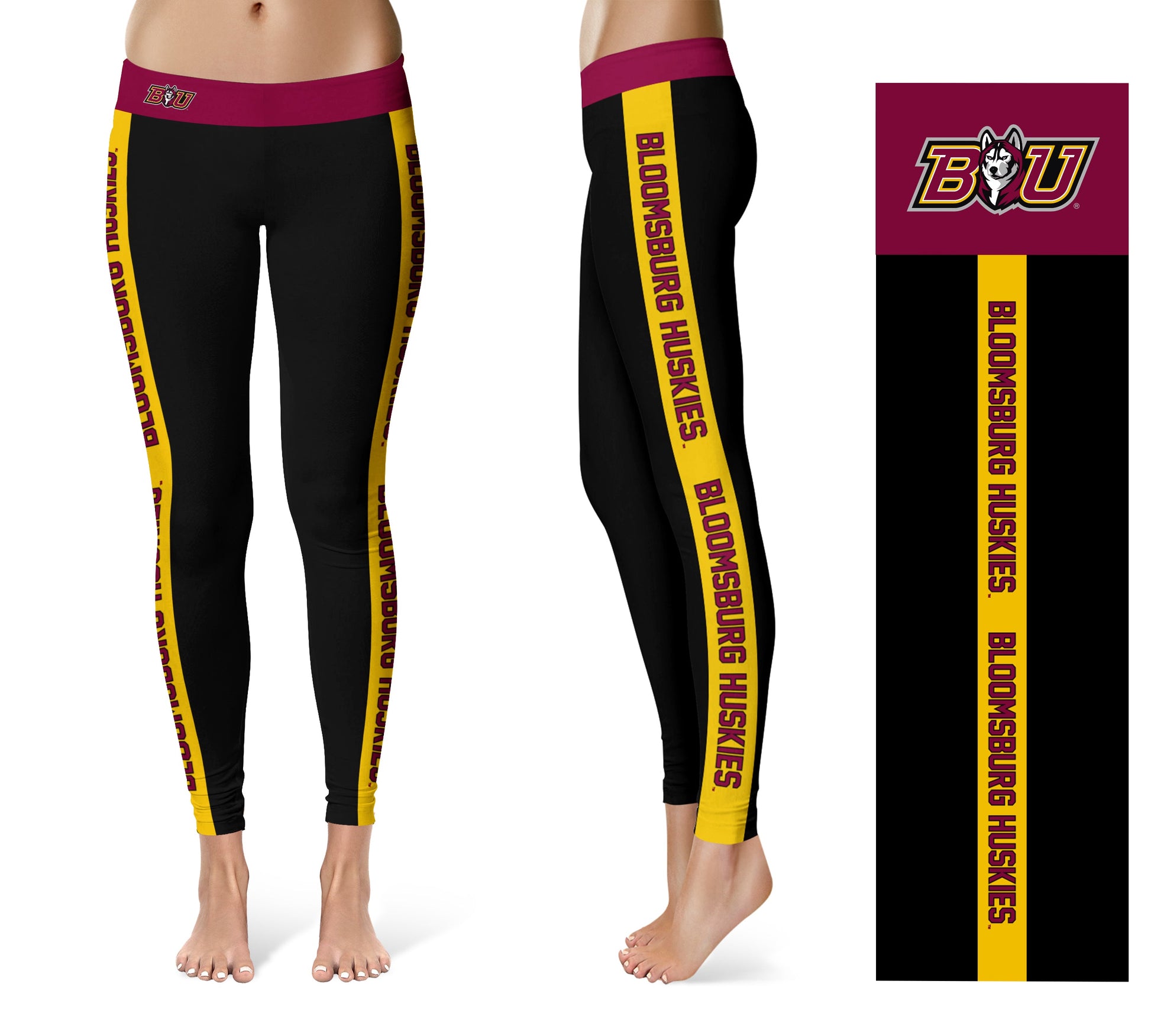 Bloomsburg University Huskies Vive La Fete Game Day Collegiate Gold Stripes Women Black Yoga Leggings 2 Waist Tights