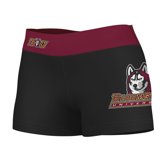 Bloomsburg Huskies Vive La Fete Logo on Thigh and Waistband Black & Maroon Women Yoga Booty Workout Shorts 3.75 Inseam